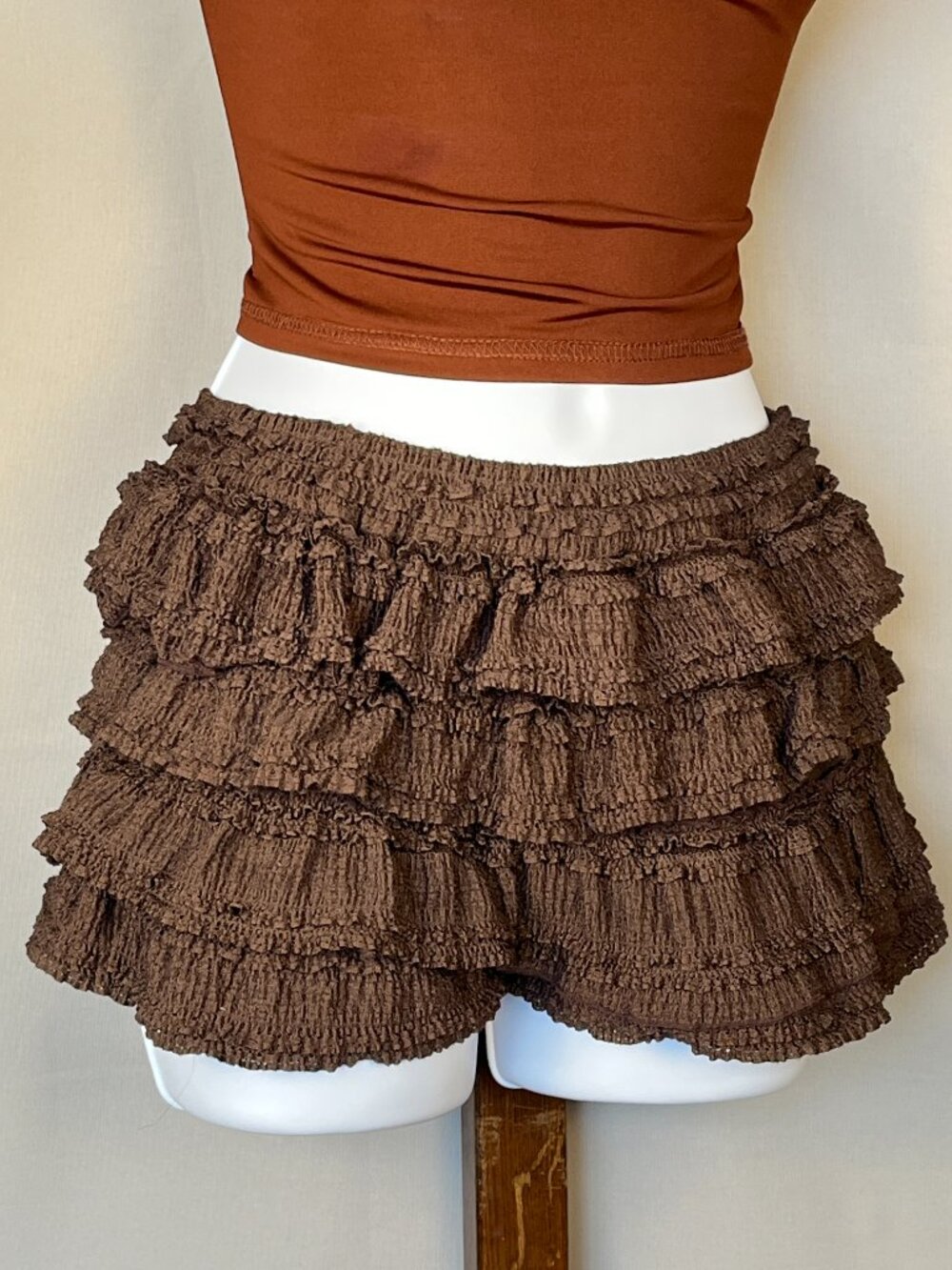Chrome Riot Ruffle Mini Shorts Brown S Stretch Pull-on Festivals Hippie Cowgirl